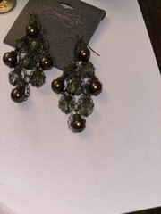 Retro Antiqued Bronze Tone Green Chandelier Dangle Earrings Glass Beads Filigree