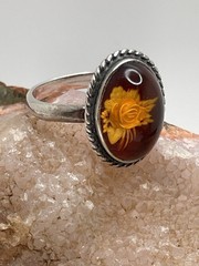 925 Sterling Silver Carved Rose Baltic Amber RING Size 7.25 Estate Vintage