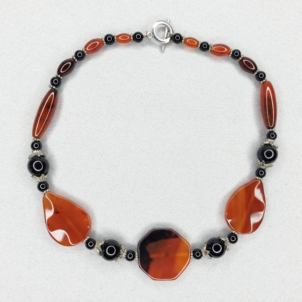 Polished Agate Beaded Necklace Rust Orange Black Toggle Boho 16″