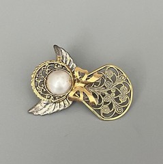 Vintage Gold & Silver Tone Metal Angel Brooch Faux Pearl Open Cut Details 1.75”