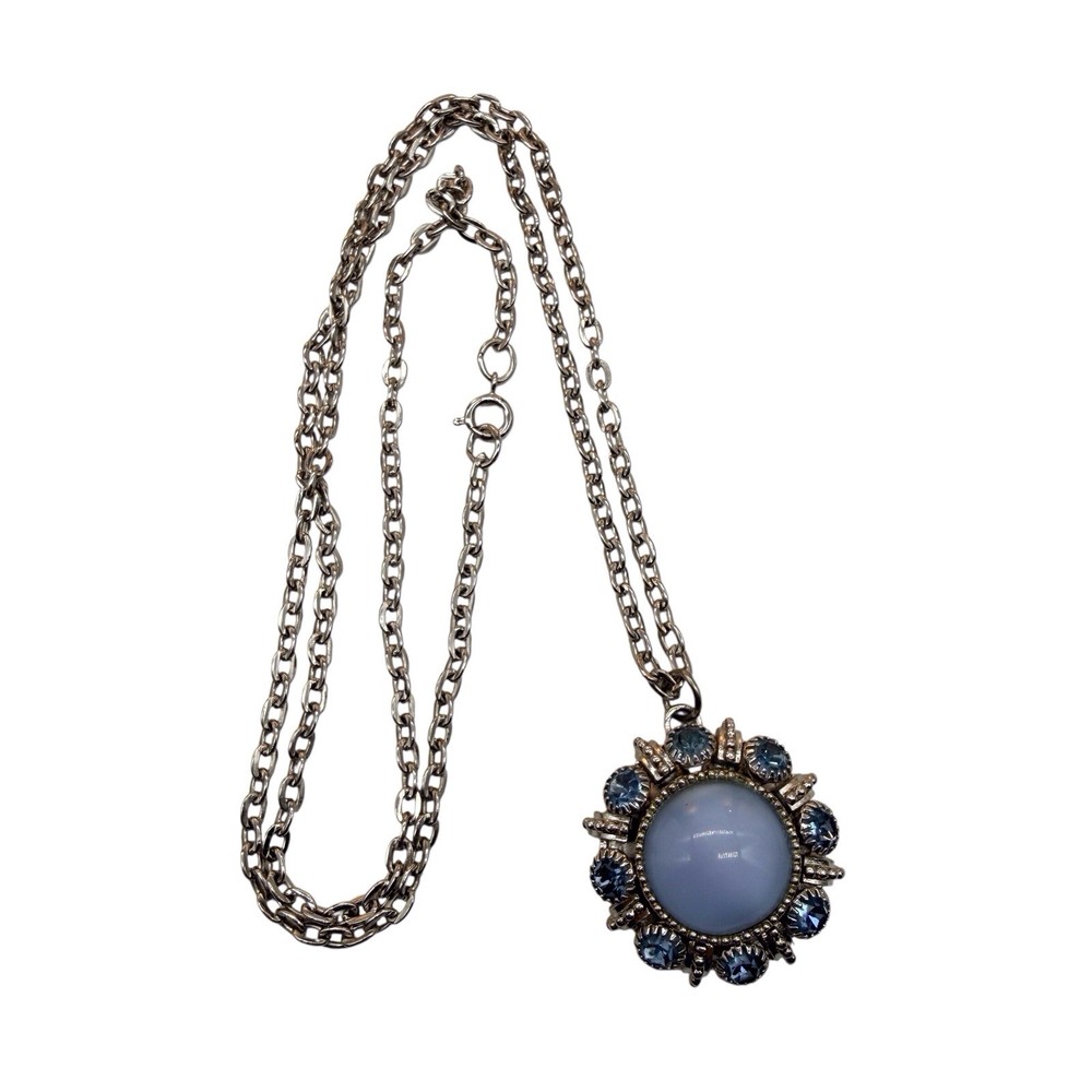 Vtg c1974 Avon Moon Magic Pendant Necklace 24” Blue Crystals Moonglow Center A3