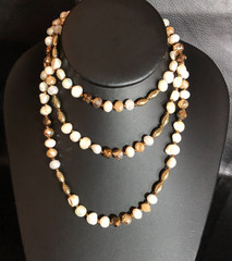 Cultured Freshwater Pearl Endless Strand Necklace Gold Bronze Crystal Beads 6018