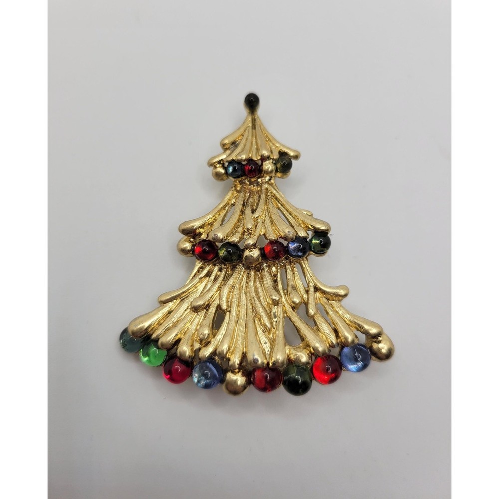 Monet Christmas Tree Pin Brooch Red Signed Collectible Holiday Vintage 1970s