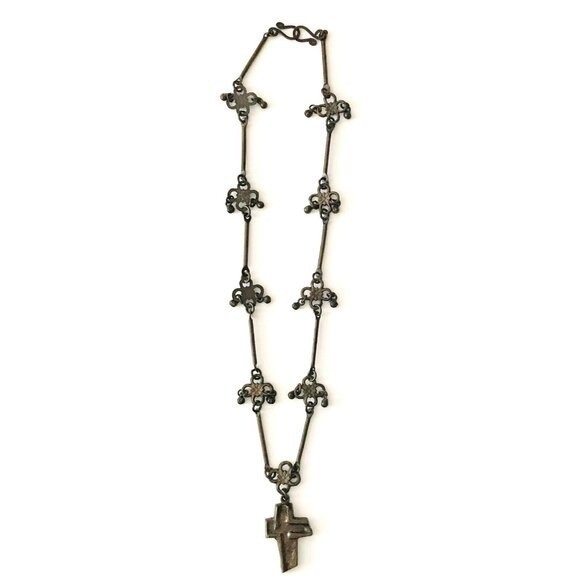 Vintage Japanned Cross Necklace 23″ Stylized Shape Coppery Colored Metal Estate