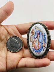 Vintage Silver Tone Russian Finift Hand Painted Porcelain The Snow Maiden Brooch