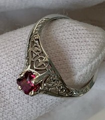 Art Deco Belais 18k White Gold Filigree Ring w/ Ruby – Appraised $2,650