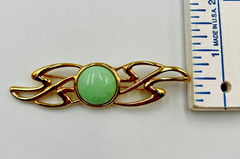 Vintage Monet Brooch Pin Mint Green Cabochon Gold Tone Leaf Signed 1970s 1980s
