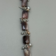 Artisan 925 Sterling Silver Banded Agate Pearl Bracelet Toggle Clasp 7″ Vintage