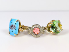 Vtg Victorian Revival Ring Lot Green Glass Blue Flower Enamel Adjustable
