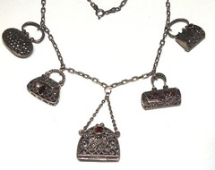 Unique Vintage Sterling Necklace w/5 Almandine Garnets & Marcasite Purses Charms