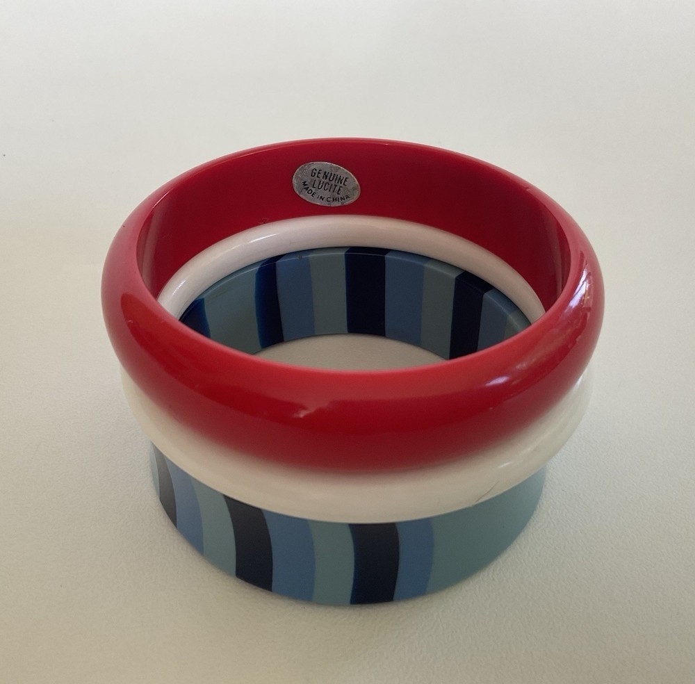 Vintage Lot 3 Chunky Bangles Red White Blue Stripes Lucite Plastic Mix Retro