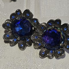 Signed Judy Lee Bracelet & Errings Blue Rhinestones Aurora Borealis Vintage