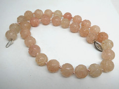 Vintage Chinese Rose Quartz Carved Round 14mm Shou Bead Knotted Necklace 19″