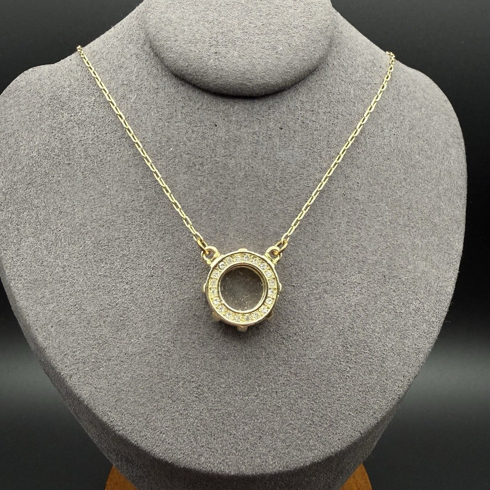 Vintage Gold Tone Glass Charm Rhinestone Halo Pendant Necklace Adjustable Chain
