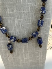Lapis Lazuli & Tigers Eye Gems Necklace 20” Pierced Earrings 1 3/4” By 1/4”