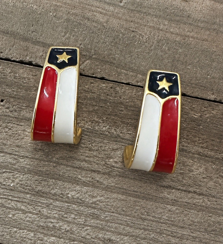 VTG Red White Blue Gold Tone Stripes Patriotic Pierced Earrings 1.5” Fashion