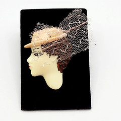 Painted Lady Face with Pink Hat and Veil Short Hair Brunette Vintage Brooch Pin