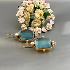 Vintage Blue Topaz Intaglio Crystal Dangle Earrings Antique Style Jewelry