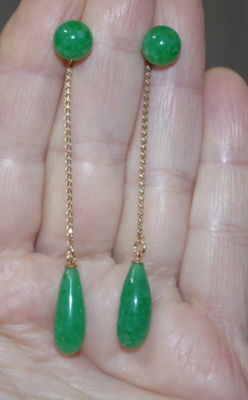 EXCUISITE 14K GREEN JADE JADEITE STUDS & 57MM TEAR DROP EARRINGS JACKETS
