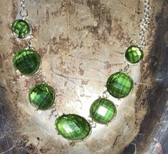 Uranium glassNecklace 6 Round Stones Center Oval Lg Stone Set In 925 Silver 16″