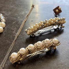 Vintage 16 Pc Faux Pearl Jewelry Lot MIA Brooch Necklaces Earrings Barrettes