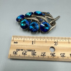 Vintage Watermelon Peacock Rivoli Rhinestone Brooch Silver Tone Blue Statement