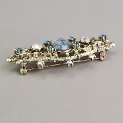 Vintage Foiled Glass Brooch Aurora Borealis Blue Oval Gold Tone 2 3/8″