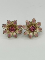 Vintage B.N. Signed Gold Tone Pink Enamel Pink Rhinestone Screw Back Earrings