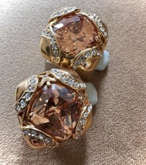 Vintage Ciner NOS Blush Champagne Crystal Gold Clip Earrings, Signed, Excellent!
