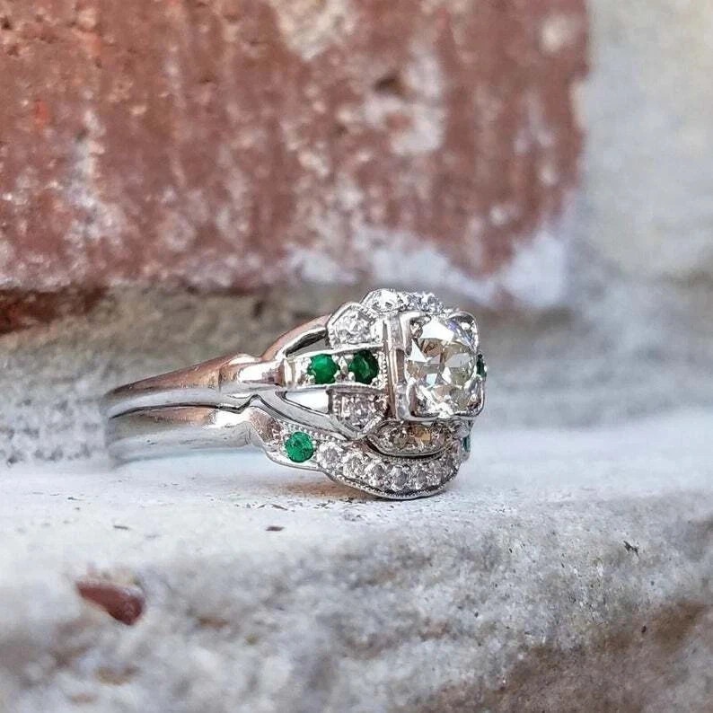 2Ct Art Deco Vintage Style Lab Created Diamond Engagement Ring Set 14K Gold Over