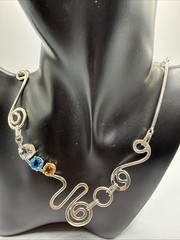 VTG Art Modern 925 Sterling Silver Multi Gemstone Necklace.38.6 Grams. 22.5”Long