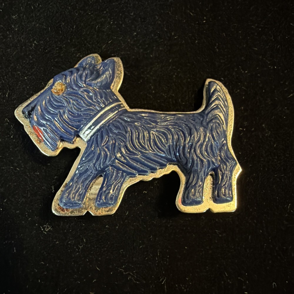 Vintage 1930s-1940s Blue Molded Plastic Scottie Dog Brooch Pin Scottish Terrier