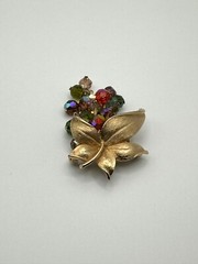 Vintage Gold-Tone Flower Brooch With Colorful Faceted Beads & Secure Pin Clasp