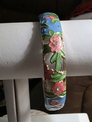 Vintage Floral Enamel Clamper Bracelet Signed 7 1/2 In