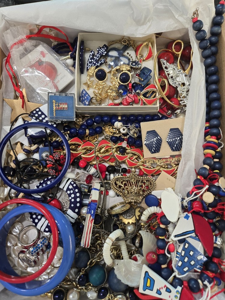 Beautiful Lot Of Estate Jewelry, Red, White & Blue, Many Signed, Matching Sets