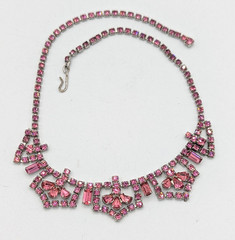Vintage Pink Rhinestone Necklace Crystal Choker Bib Mid Century Glam 15″