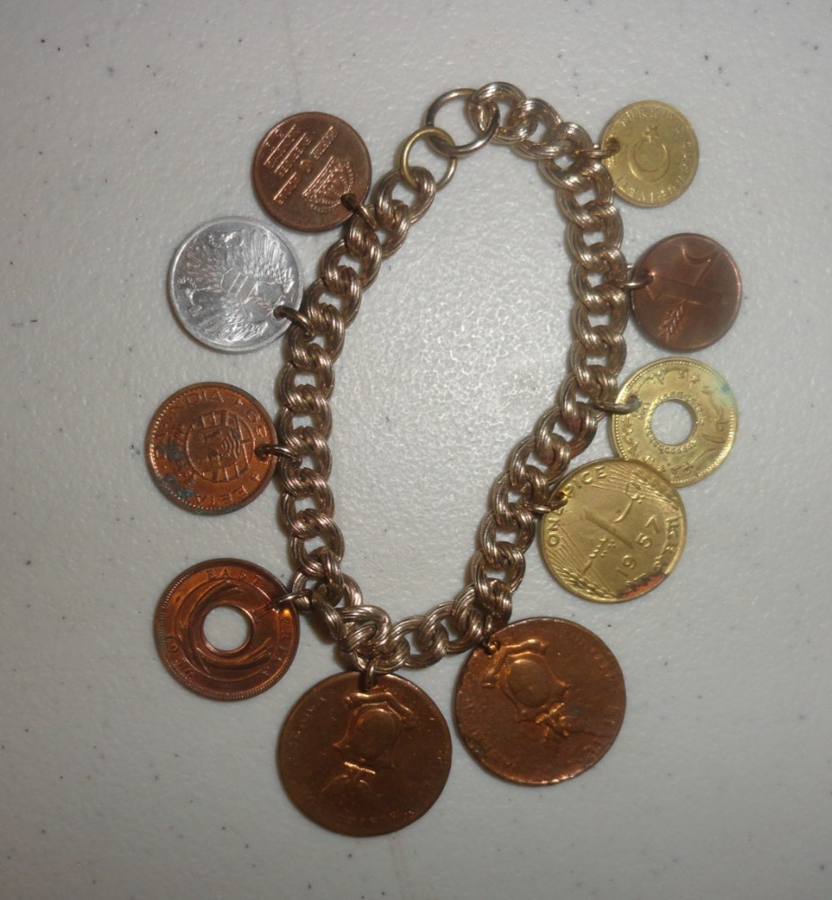 Vintage 1950/60’s Foreign Coin Bracelet 10 Coins E. Africa, India, Pakistan, Por