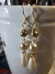 Repurposed Vintage Cream Glass pearl Crystal Teardrop earrings Goldp. Hooks