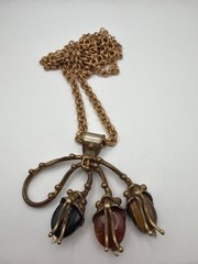 Vintage Artisan Modernist Pendant Necklace Mid Century Brass Wirework Cabochon S