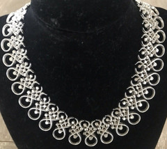 Vintage Crown Trifari Silver Tone Ribbon Crystal Wide Necklace RARE 15.5 in