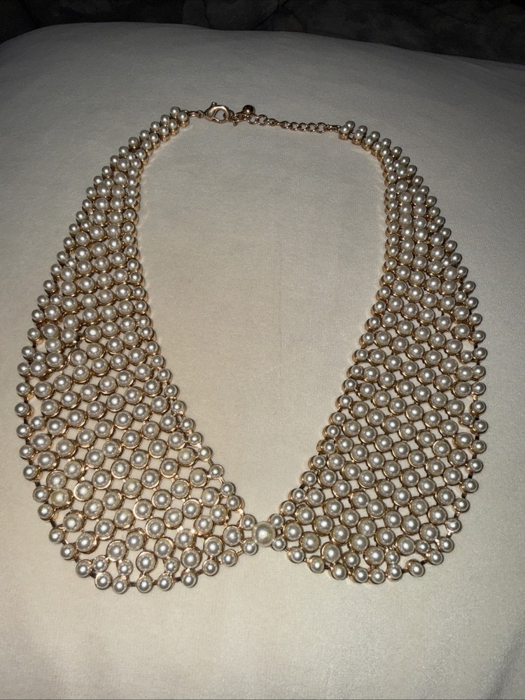 Vintage Faux Pearl Gold Beaded Rhinestone Collar Necklace