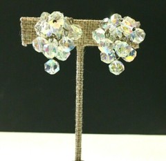 Vtg LAGUNA Aurora Borealis CRYSTAL Clip EARRINGS “Cha-Cha” Waterfall Silver H195
