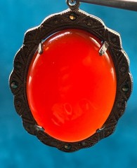 Vintage Sterling Silver Pendant Carnelian Cabochon Marcasite Accents 1 3/4″