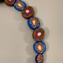 Vintage Millefiori Polymer Clay Bead Necklace Blue Brown Floral 18″