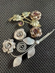 2 VTG Sterling Silver Flower Brooches. One W/ 12k Gold Filled And Glass Crystals