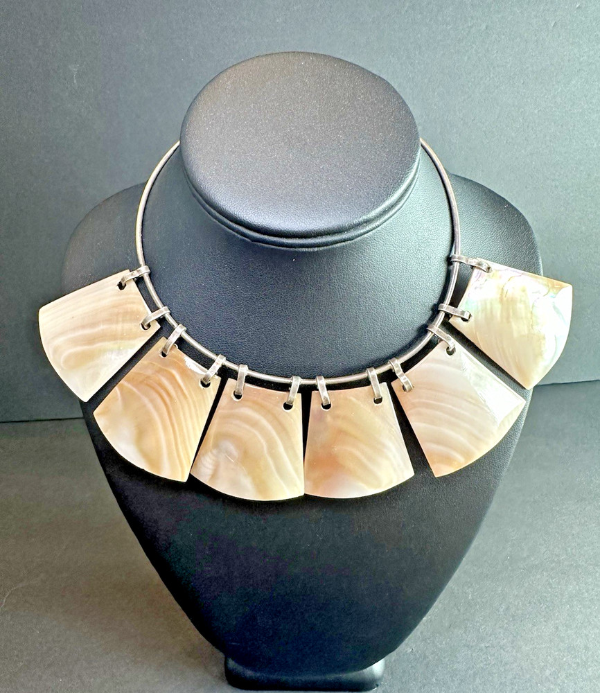 Stunning Abalone Shell Sterling Silver Choker Tribal Statement Necklace