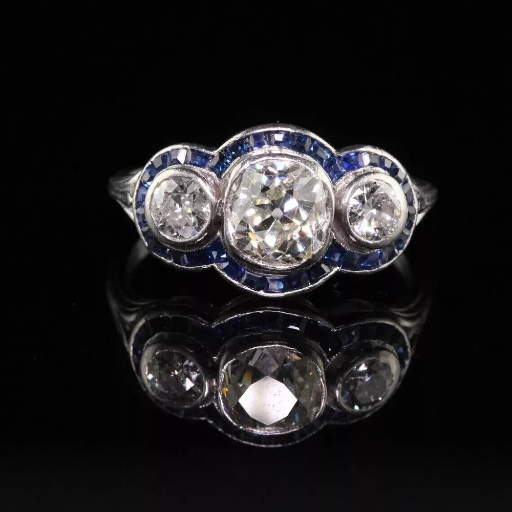 Art Deco Style Lab-Created Diamond Sapphire Three Stone Ring 14 White Gold FN