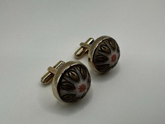 Vintage Round Brass Enamel Cufflinks Gold White Red Black Bullet Back Decorative