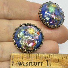 Vtg Old Confetti Glass Blue Foil Cabochon Brass Huggie Chunky Earrings Clip-on