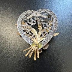 Vintage Womens Heart Floral Wheat Brooch Mixed Metal Faux Pearl Center
